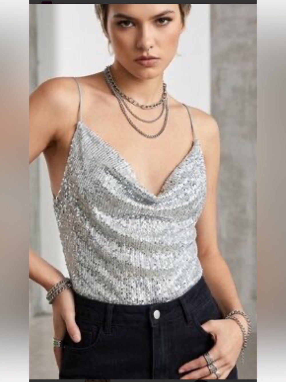 L'Academie Silver Sequin Draped Cowl Camisole